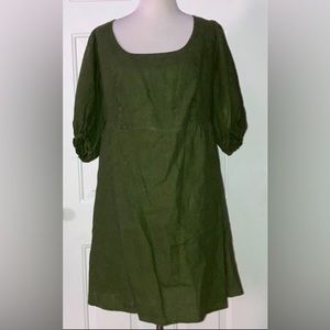 Linen Handmade Studio 100% Linen Forest Green Puff Sleeve Dress 14 Aurora